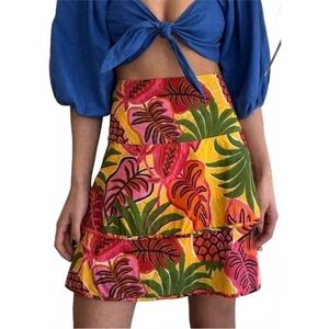 Farm Rio Colorful Tropical Ruffle Mini Cotton Skirt Medium